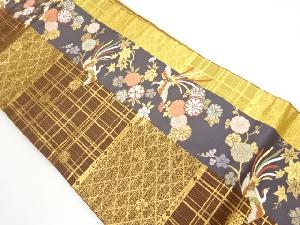 縞に尾長鳥・草花模様織出し名古屋帯